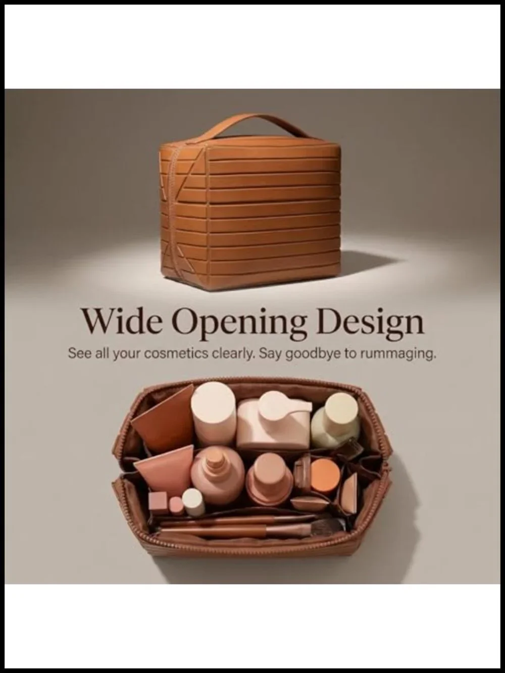 Large Capacity Fold Down Cosmetic Bag, Waterproof PU Leather Pull Open Toiletry
